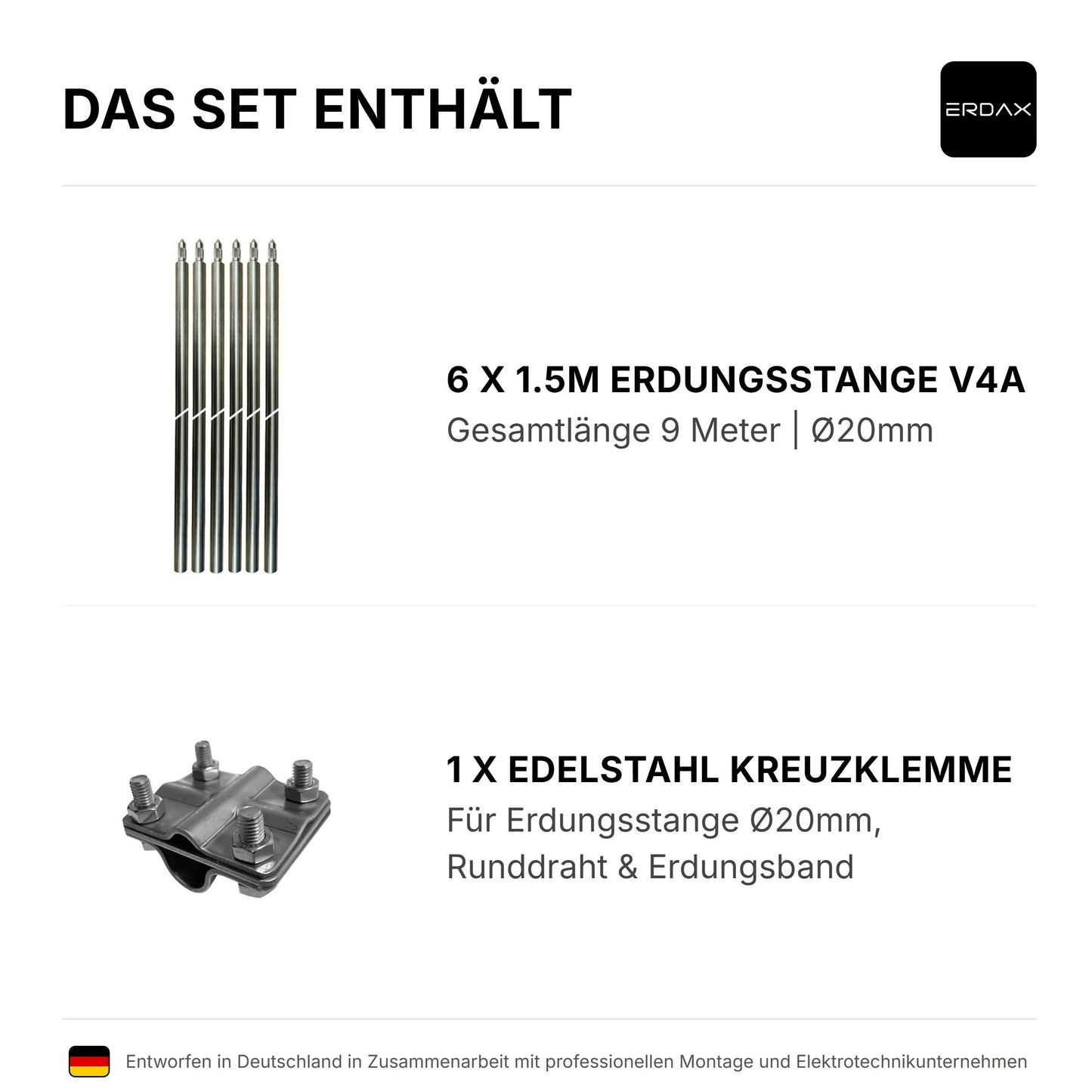 Tiefenerder V4A SET 6x1.5m Inkl. Klemme - 9 Meter
