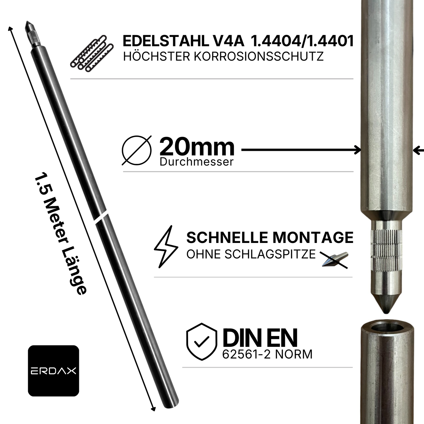 Tiefenerder V4A SET 6x1.5m Inkl. Klemme - 9 Meter