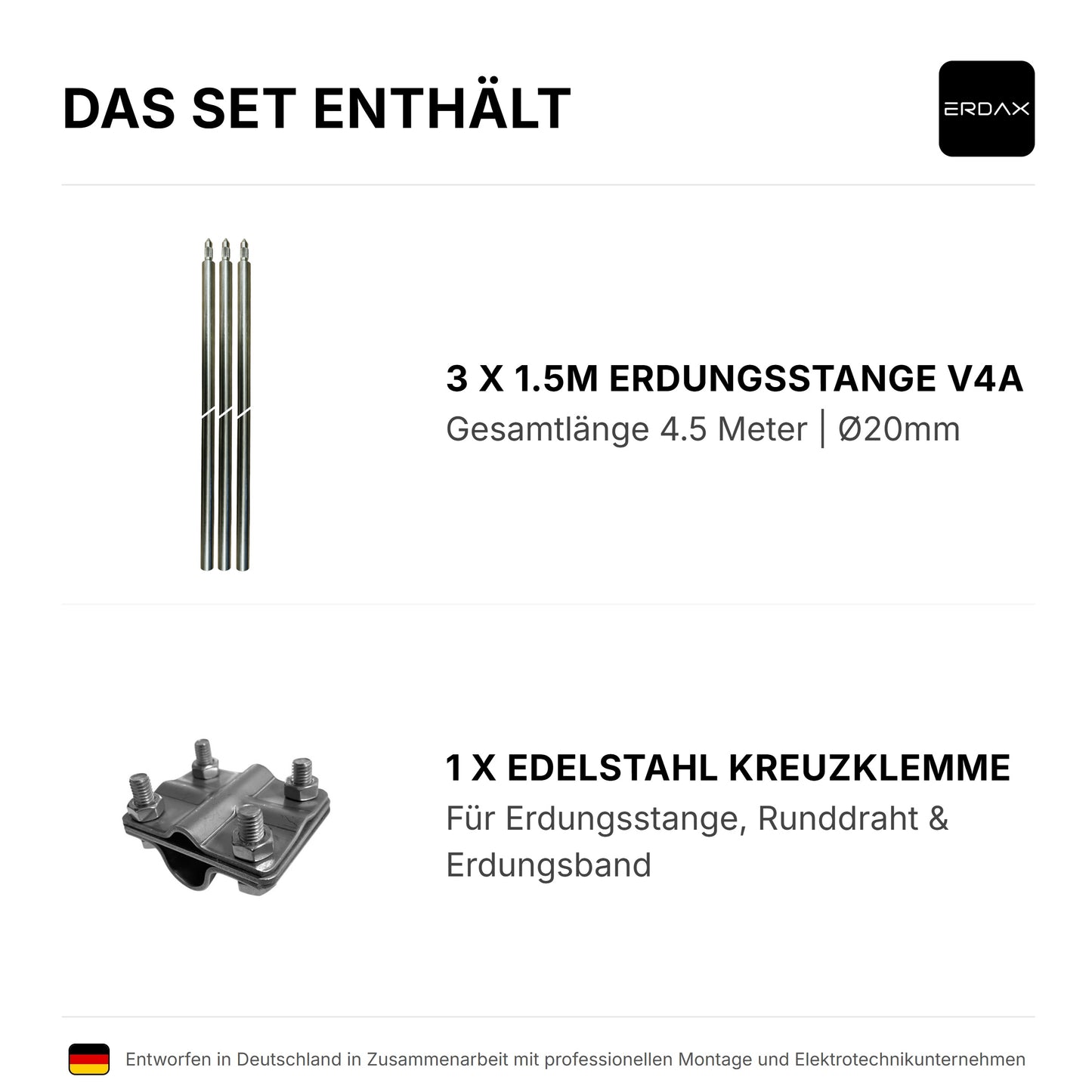 Tiefenerder V4A SET 3x1.5m Inkl. Klemme - 4,5 Meter