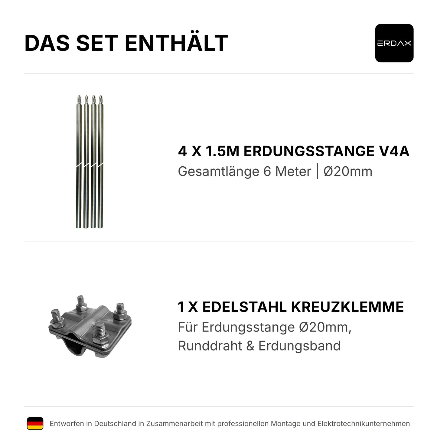 Tiefenerder V4A SET 4x1.5m Inkl. Klemme - 6 Meter
