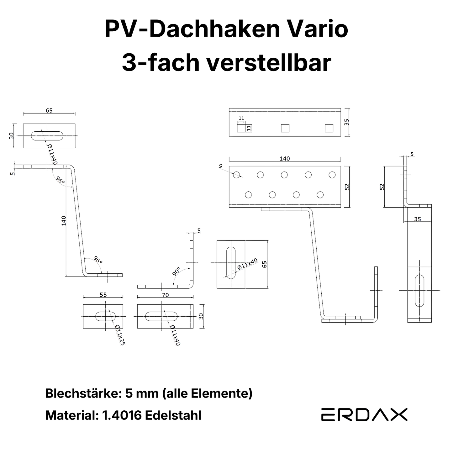 Dachhaken 3-fach verstellbar Halterung Edelstahl Solar PV Photovoltaik-Anlage