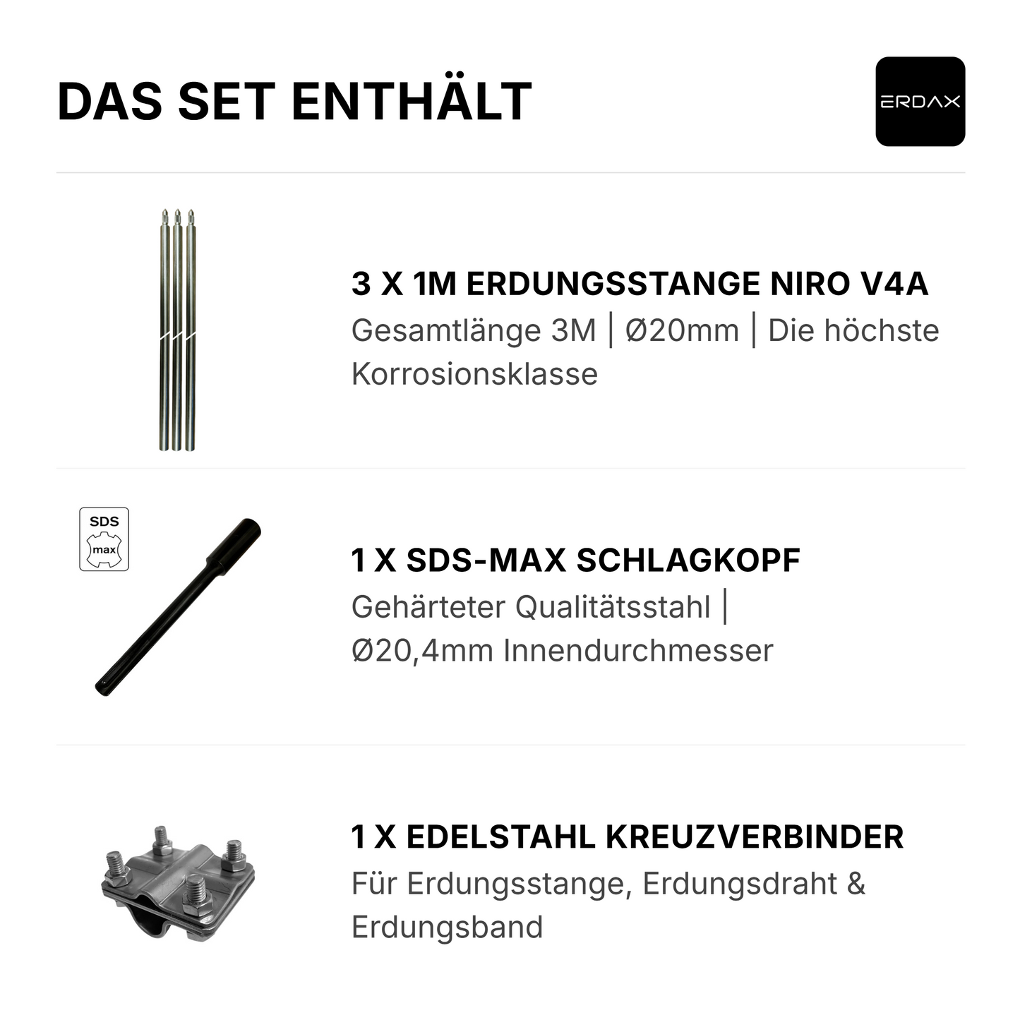 Tiefenerder V4A SET 3x1m Inkl. SDS-Max und Klemme - 3 Meter
