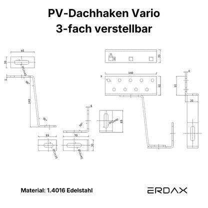 Dachhaken 3-fach verstellbar Halterung Edelstahl Solar PV Photovoltaik-Anlage
